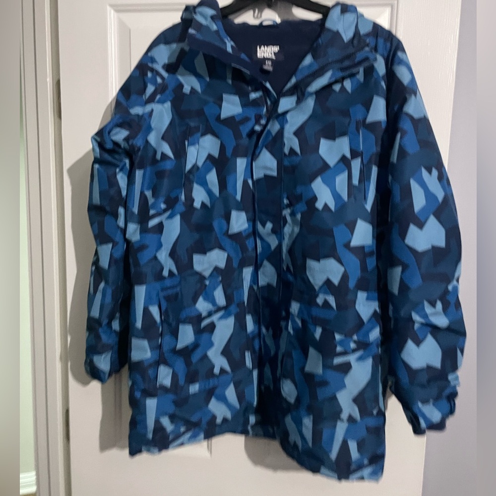 Lands' End Kids Navy and Light Blue Camo Squall Waterproof Jacket